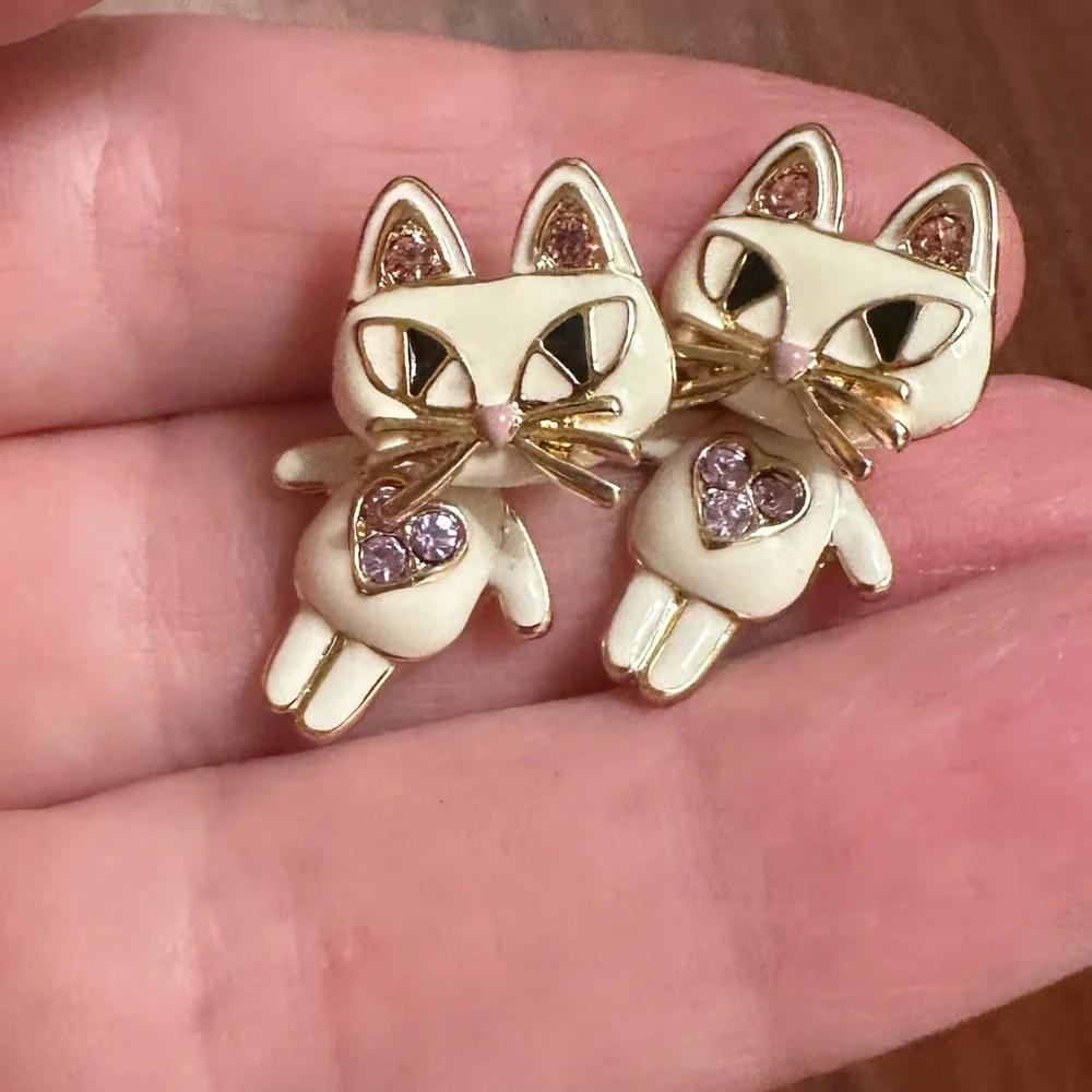Betsey Johnson Gold-Tone White Enamel Pink Rhinestones Mixed Metal Cat Earrings - Picture 2 of 6